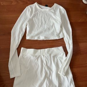 White long sleeve crop top and shorts set